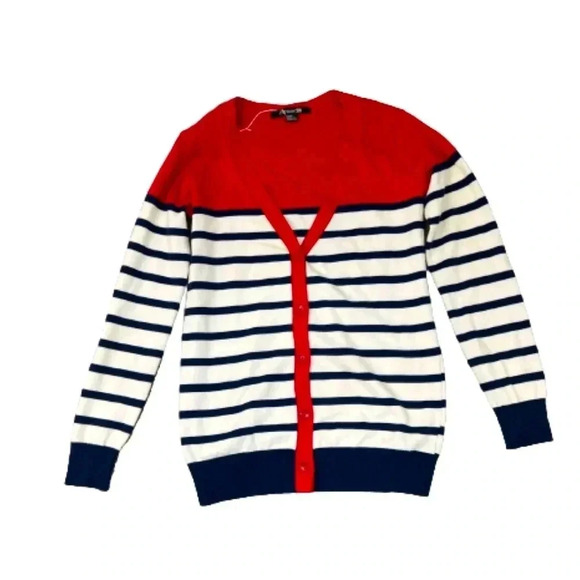 FOREVER 21 CARDIGAN SWEATER RED WJITE BLUE STRIPED BUTTON UP SIZE MEDIUM - Picture 2 of 8